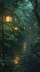 A lantern-lit path through a rainy forest