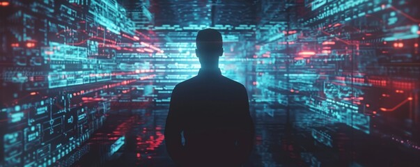 A man standing in a room with a lot of data flowing around him.