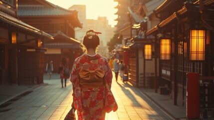 A woman wearing a kimono is walking down a street in Japan.