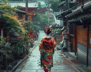 Fototapeta na wymiar A woman wearing a kimono is walking down a street in Japan.