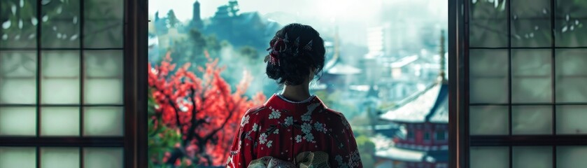 Fototapeta premium A woman wearing a red kimono is standing in front of a traditional Japanese house, looking out at the cherry blossoms.