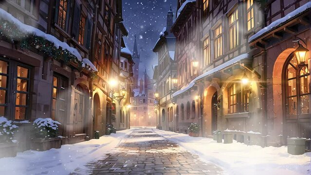 Frosty European Metropolis: Anime-style Winter Street with Tall Buildings in 4k Loop