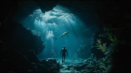 Courageous man standing in cave with ominous shark lurking in background daring exploration scene - obrazy, fototapety, plakaty