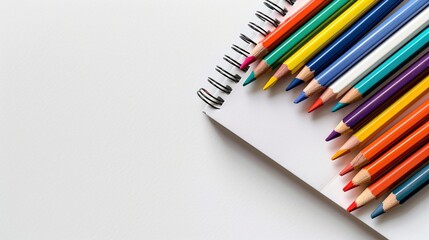 Overhead Shot: Color Pencils and Notebook Resting on White Table
