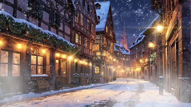 European Winter Wonderland: Anime Urban Street with Tall Buildings in 4k Loop