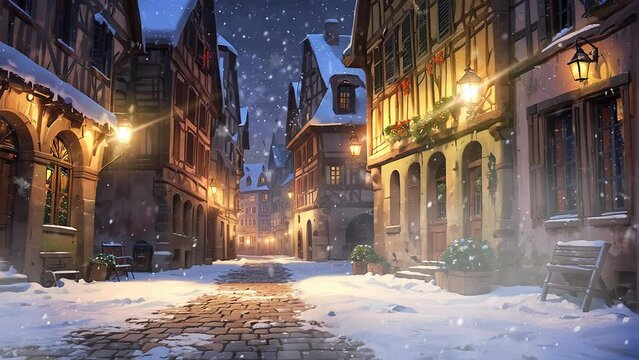 Winter Cityscape: Anime-style European Urban Scene in 4k Loop