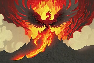 Phoenix rising from the flames of a volcano with lava pouring out. Super detailed