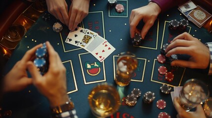 A top-down view of a blackjack table with cards being dealt and players making strategic decisions, with stacks of chips and drinks in the foreground. - obrazy, fototapety, plakaty