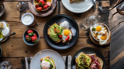 An overhead view of a rustic wooden table set with a delicious brunch spread, including avocado toast, poached eggs, fresh fruit, and artisanal pastries.