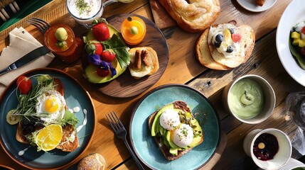 An overhead view of a rustic wooden table set with a delicious brunch spread, including avocado toast, poached eggs, fresh fruit, and artisanal pastries. - obrazy, fototapety, plakaty