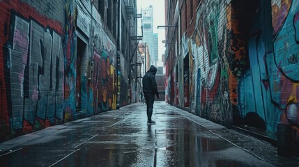 A gritty, urban scene featuring a person exploring a city alleyway adorned with vibrant street art...