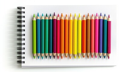 Colorful Pencils and Notebook Displayed on White Table - Top View