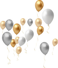 Realistic shiny silver and gold balloons isolated on transparent background. Vector illustration