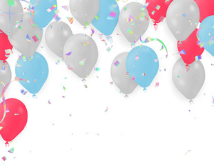 Colorful balloons and confetti on transparent background. Vector illustration.