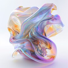 Obraz premium Beautiful and Elegant 3D Render Abstract Art: Surreal 3D Ball in Organic Curves, Smooth Silver Metal with Color Spectrum Lines and Glass Parts on white Background