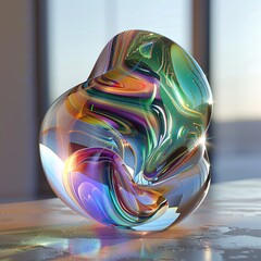 Beautiful and Elegant 3D Render Abstract Glassmorphism: Surreal 3D Ball in Organic Curves, Smooth Silver Metal with Color Spectrum Lines and Glass Parts on colorful Background