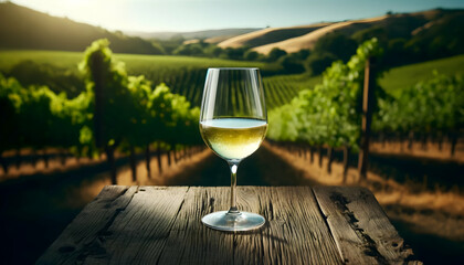 Vineyard Serenity, A glass of wine on a table overlooking a picturesque vineyard, showcasing the...