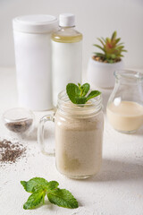 Healthy Vanilla Chia Seed Protein Shake in Mason Jar. Invigorating vanilla protein shake with chia...