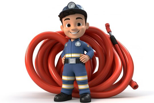 Firefighter uniform, holding a hose.