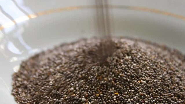 Pouring raw chia seed in white plate close up 