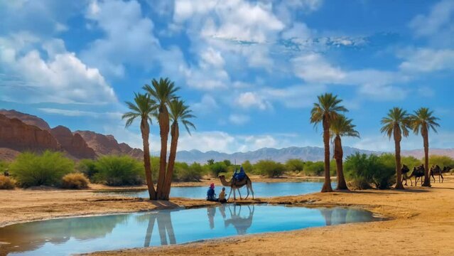 Oasis in the desert, seamless looping animation video background 