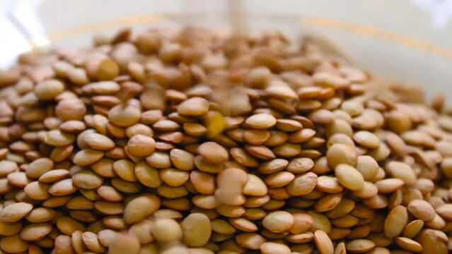 Pouring raw lintel seeds in white plate close up 2