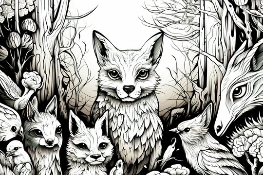 Foxes, Squirrels, and Owls comic book style, black line,