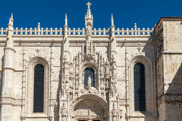 The Carved Facade of White LimeStone Facade of Mosteiro dos Jeronimos Monastery, Lisbon, Portugal