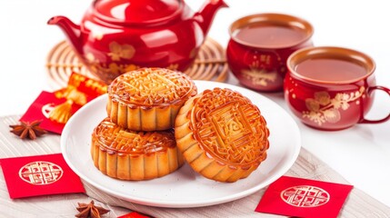 Obraz na płótnie Canvas Chinese Mid-Autumn Festival concept. Mooncakes and hot tea pot and red envelopes in plate isolated on white background.