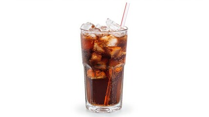 Cola with crushed ice and straw in glass on white background