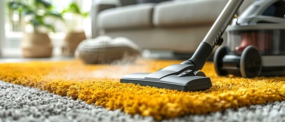 Efficient Cleaning Rhythms: Vacuum in Action on Carpet. Concept Vacuum Cleaning Techniques, Carpet Cleaning Hacks, Efficient Home Cleaning, Dust-free Carpet Maintenance