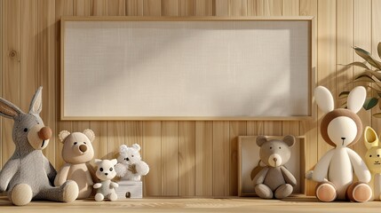 Vibrant 3D Children's Bedroom Photo Frame Mockup with Eco-Friendly Toys and a Wooden Board Background. Blank Space for Text, Advertisement. Scandinavian Style, 3D Rendering, 3D.