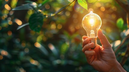 Hand holding a light bulb with light growing for renewable energy. creative ideas for save environment and sustainable. - obrazy, fototapety, plakaty