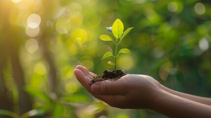 Hand holding seedling over blurred green nature background.
