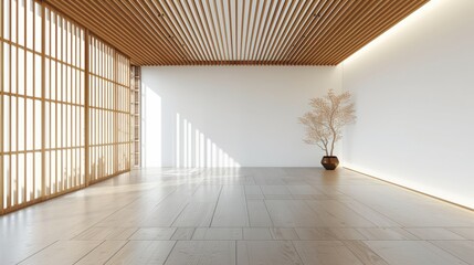 Japan style empty room decorated with white wall and wood slat wall. - obrazy, fototapety, plakaty