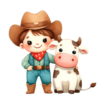 Watercolor cute cowboy with a cow, Cowboy concept, American culture.