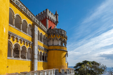 Arched Colonnade, Tower and Battlements at Pena Palace, Sintra, Portugal