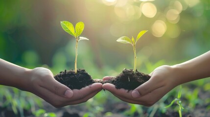 Two Hand holding young plant on bright background for World Environment Day concept.