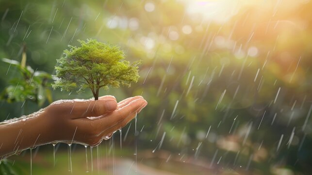 Tree on hands and rain on clouds background