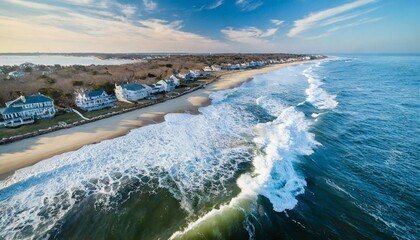 Aerial view of wave crashing along the shore of the Hamptons