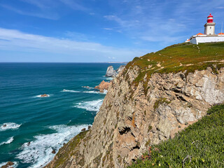 Panorama of Cabo da Roca Rocky Point on the Coast of Portugal and the Lighthouse High on the Cliff - 784157491