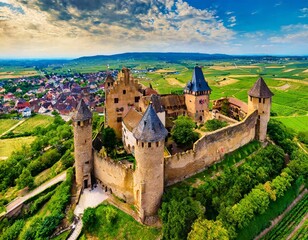 Aerial drone view of Three Castles of Eguisheim between green nature