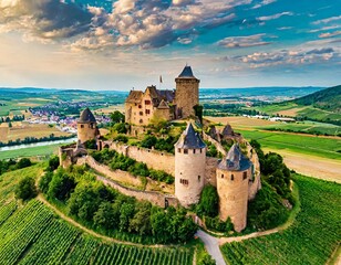 Aerial drone view of Three Castles of Eguisheim between green nature