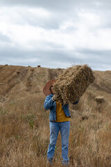 Unrecognizable woman lifting a bale of hay in the middle of a field with wheat stubble