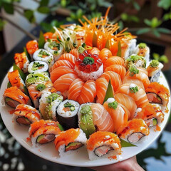 Many different Japanese rolls and sushi on a round dish