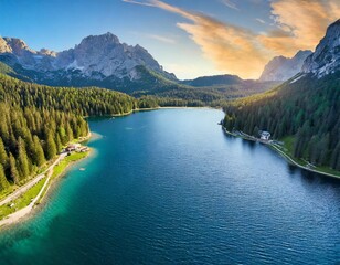 Aerial view of Misurina Lake coastline with forest along the coast at sunset