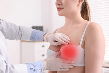 Mammologist checking young woman's breast in hospital, closeup
