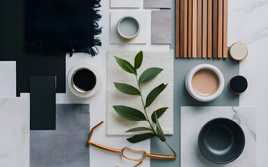Stylish flat lay comosition of creative architect moodboard with black, beige and grey samples of textile, paint, wooden lamella panels and marble tiles. Top view. Copy space. Template
