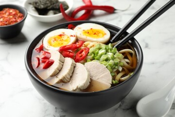 Delicious ramen in bowl on white marble table, closeup. Noodle soup