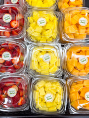 Fresh fruit boxes in market retail display